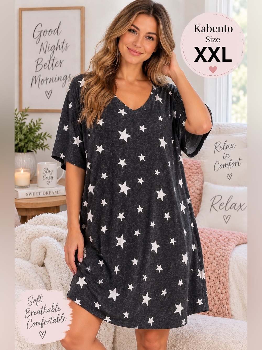 Kabento Women’s Star Print Sleep Shirt Nightgown XXL Blueish Gray white stars